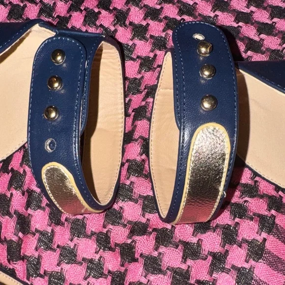 ASHRO Navy Blue Gold Shoes Womens Size 9 Chunky Heels Church Fancy Granny Style - Picture 4 of 13